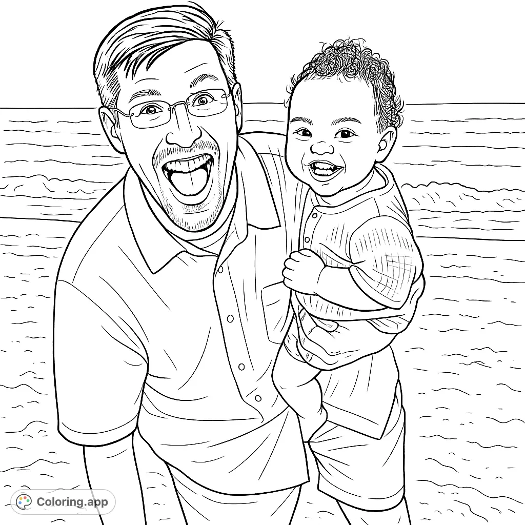 A heartwarming family beach coloring page featuring a laughing father holding his smiling baby. A free printable coloring page celebrating love and summer.