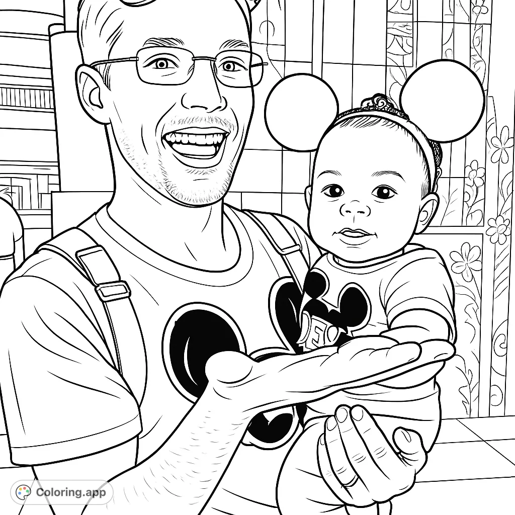 A heartwarming Mickey Mouse themed coloring page featuring a smiling man holding a baby with Mickey ears, ready for fun. Pure black and white line art.