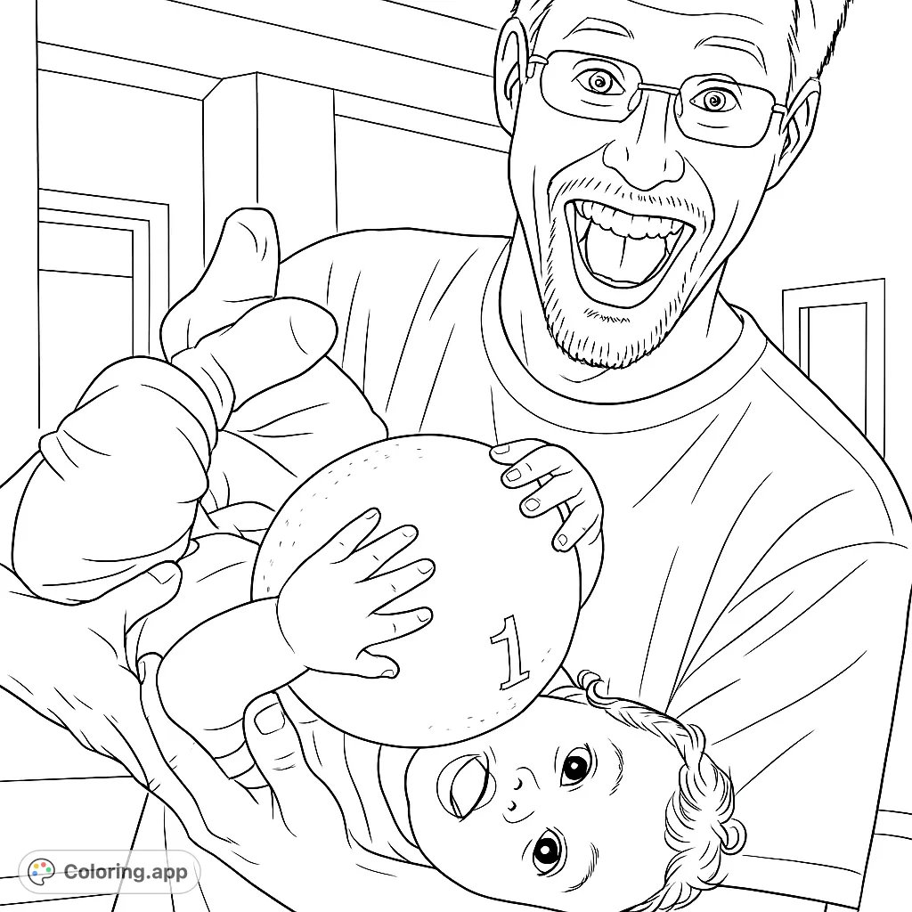 Capture the joy of a dad playfully holding a baby upside down, both smiling, with a ball. A heartwarming family moment for a free printable coloring page.