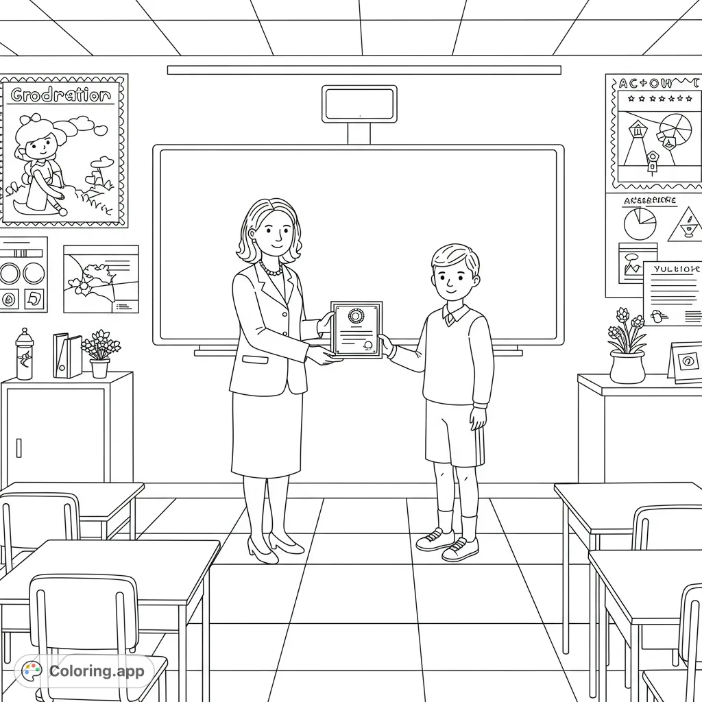 A heartwarming school classroom scene where a teacher presents an award to a student, surrounded by desks and a blackboard.