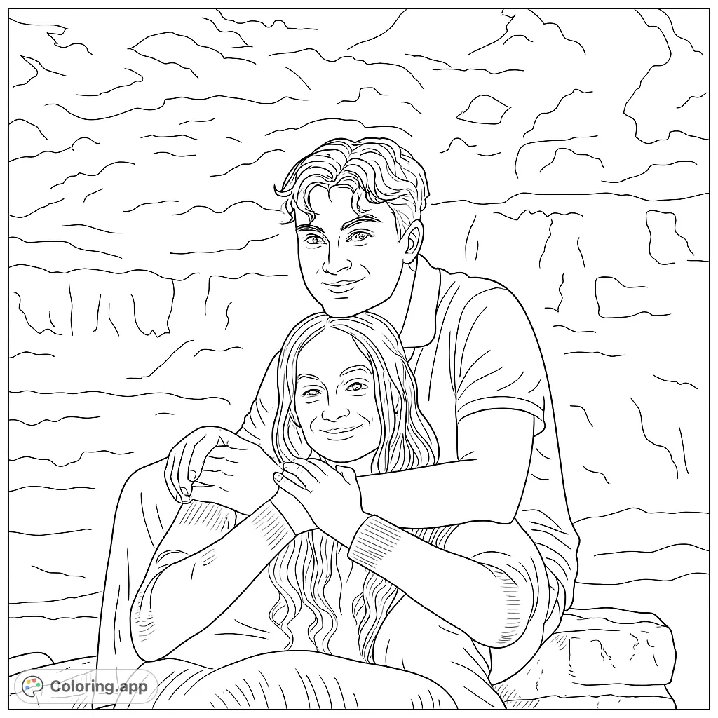 A heartwarming couple portrait coloring page, featuring a loving embrace. Perfect for celebrating connection and romance with intricate details for a delightful coloring experience.