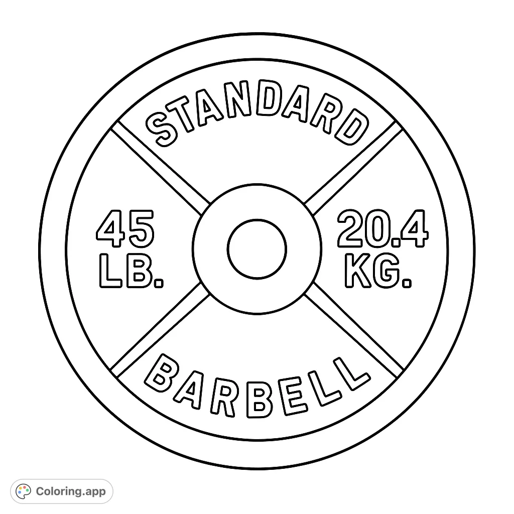 A detailed black and white line drawing of a standard barbell weight plate, featuring embossed text and a textured surface, ready for your creative colors.