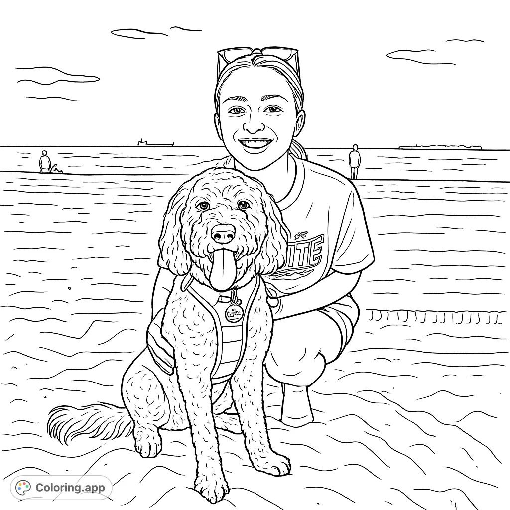 A joyful woman and her fluffy dog enjoy a sunny day at the beach, ready for a fun coloring adventure. Perfect for pet lovers!