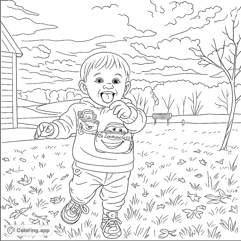 A cheerful toddler in a field, wearing a fun character outfit, with a beautiful sunset and autumn leaves. A free printable coloring page for kids and adults.