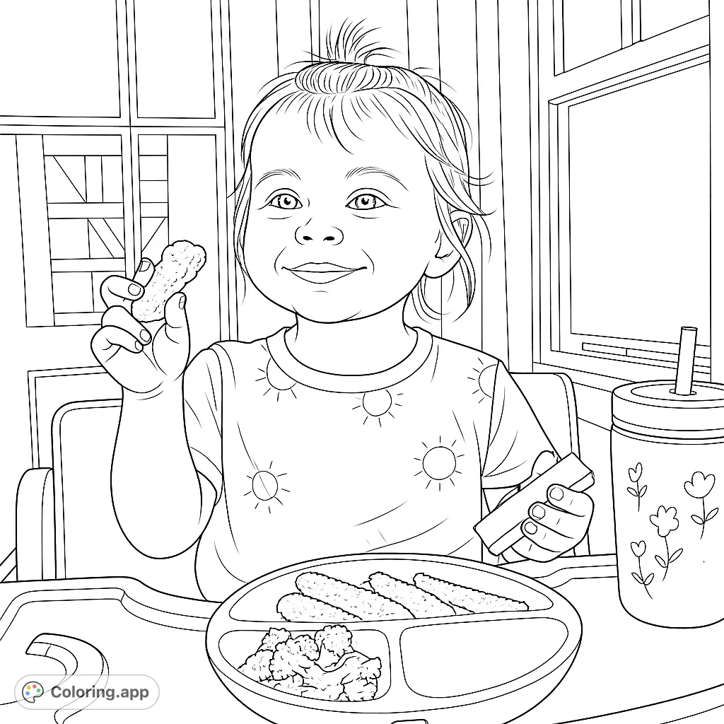 A joyful toddler enjoys a meal in a high chair, holding a chicken nugget and cheese stick, with a happy smile. A delightful scene for coloring fun!