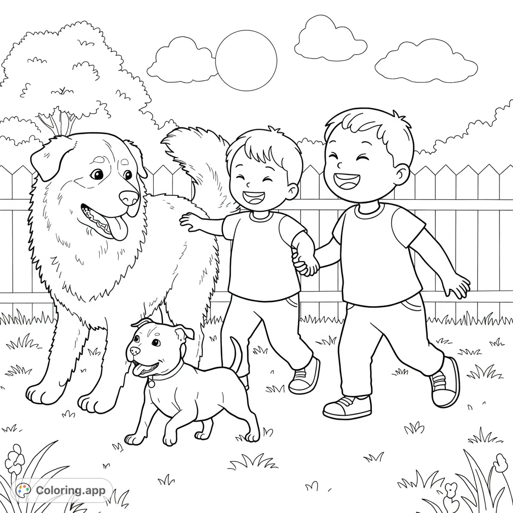 A joyful scene of a Great Pyrenees and Staffordshire Terrier playing with a happy 2-year-old boy in a backyard, perfect for a dog coloring page.