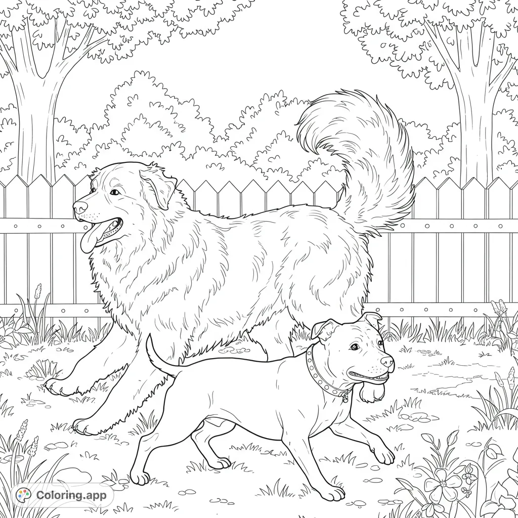 Two playful dogs, a Great Pyrenees and a Staffordshire Terrier, joyfully running and playing in a detailed backyard scene, perfect for coloring.