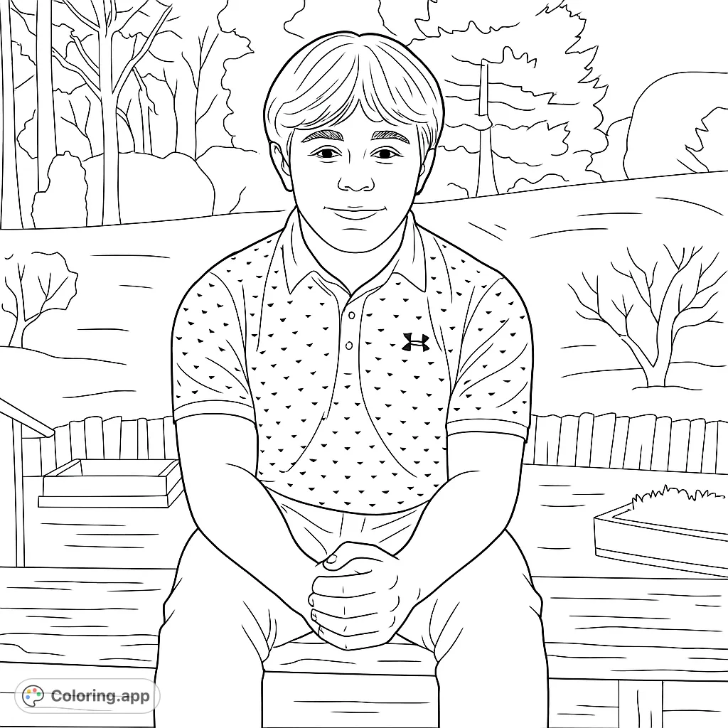 A detailed portrait of a young man seated outdoors, featuring a patterned shirt and a natural background with water and greenery. A free printable coloring page for all ages.