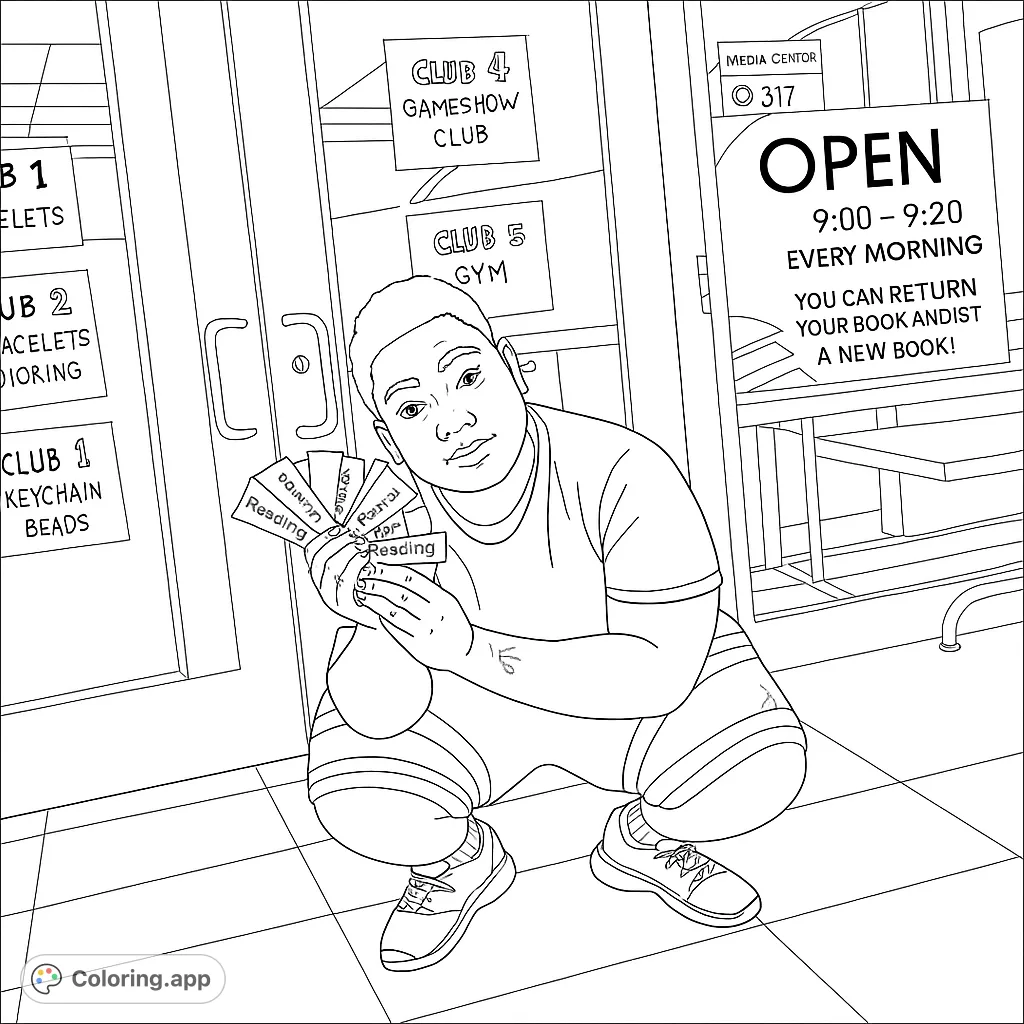 A dynamic coloring page featuring a young person crouching, holding a fan of tickets, set against a backdrop of a media center entrance with various club signs.