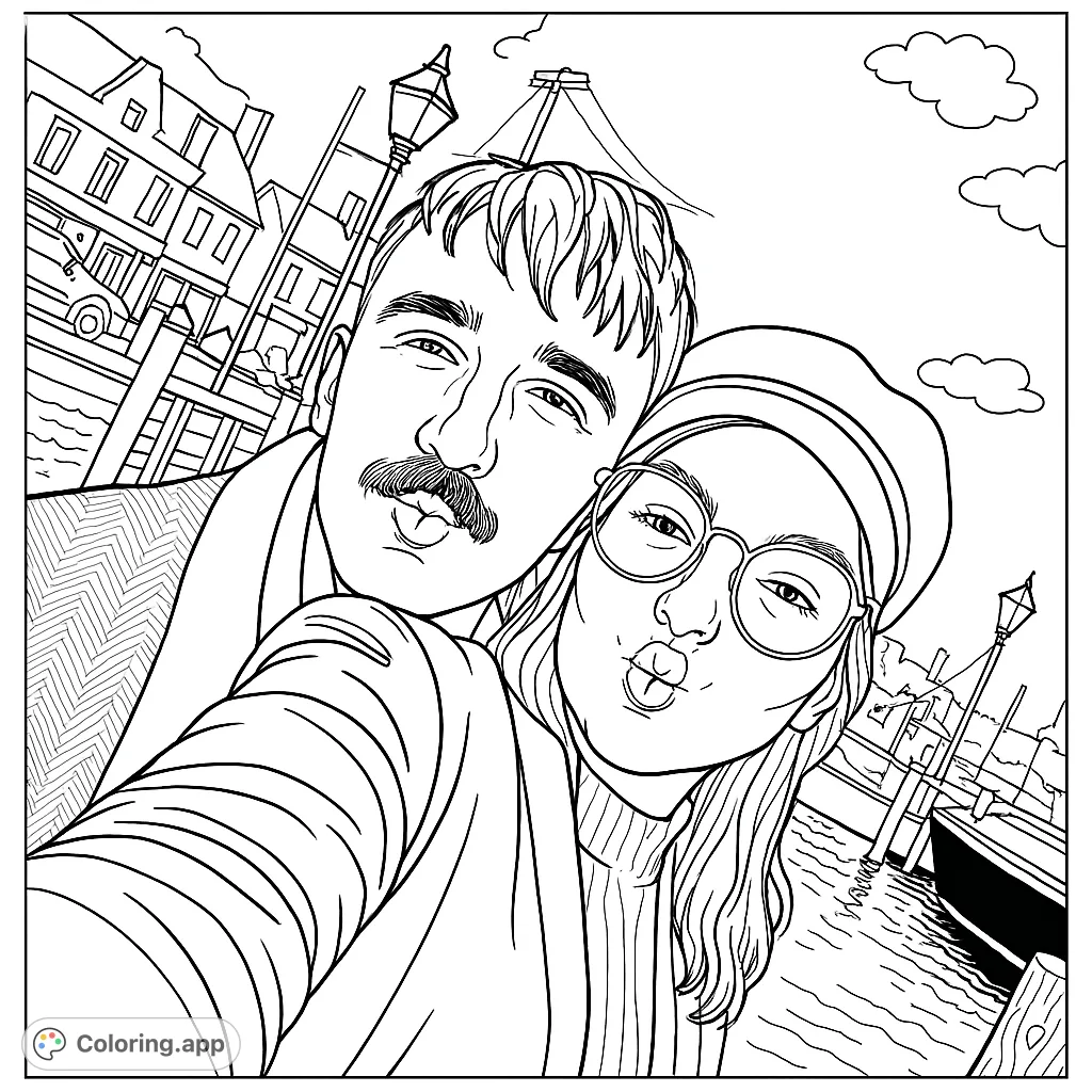 A charming couple captures a moment by the water, featuring detailed outfits and a scenic backdrop. Perfect for a romantic coloring escape.