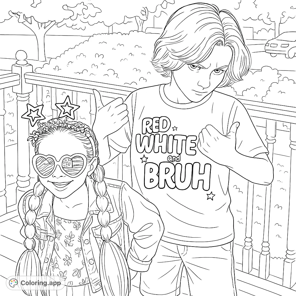 A fun patriotic coloring page featuring two children on a porch, one with festive pigtails and star glasses, perfect for celebrating holidays.