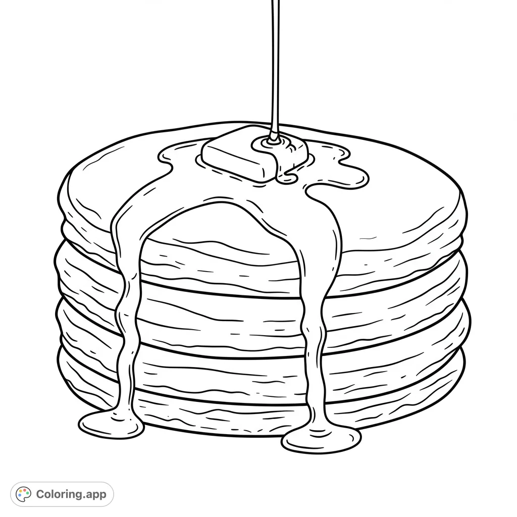 A delightful stack of fluffy pancakes generously drizzled with sweet syrup and topped with a pat of butter, perfect for a delicious coloring experience.