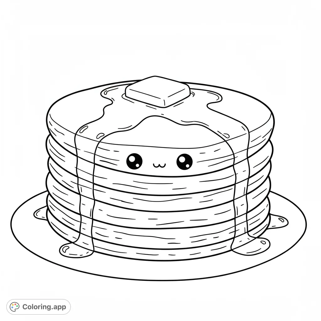A charming stack of fluffy pancakes with syrup and a cute, happy face, perfect for a delightful breakfast-themed coloring adventure.