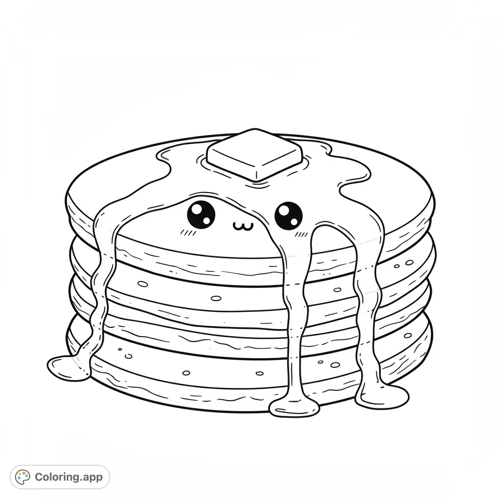 A charming stack of fluffy pancakes with syrup and a cute, happy face, perfect for a delightful breakfast-themed coloring adventure.