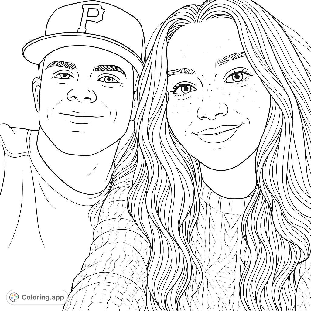 A heartwarming portrait of a smiling couple, perfect for personalizing with your favorite colors. Features a man in a cap and a woman with long hair.
