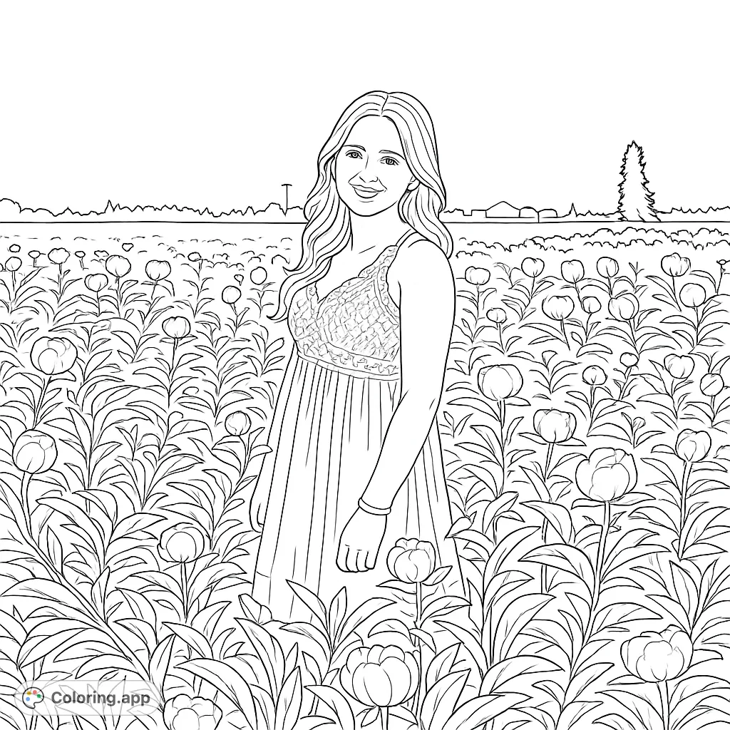 A beautiful woman stands amidst a vibrant field of blooming peonies under a clear sky. A serene nature scene perfect for detailed coloring.