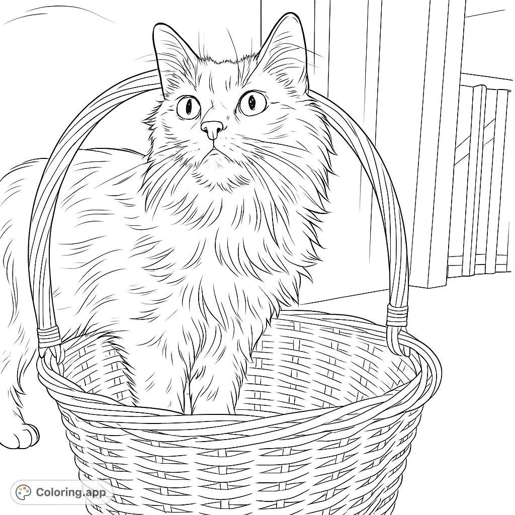 A charming fluffy cat stands inside a woven basket, ready for a delightful coloring adventure. Perfect for cat lovers!
