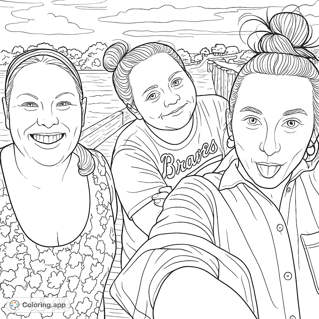 A joyful selfie of three friends on a pier at sunset, with a scenic water and sky background. Perfect for a fun coloring experience.