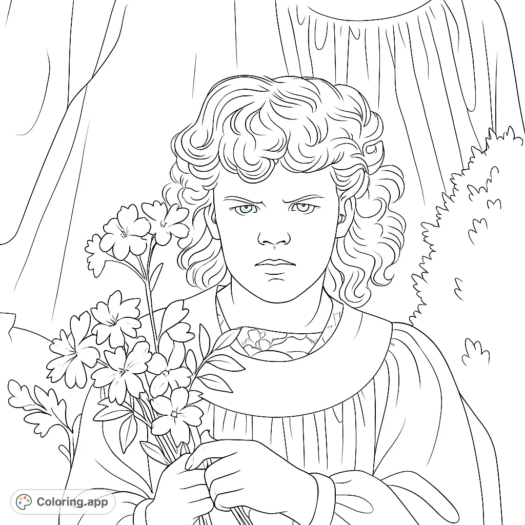 A charming girl with curly hair holds a beautiful bouquet of flowers, perfect for a delightful coloring experience.