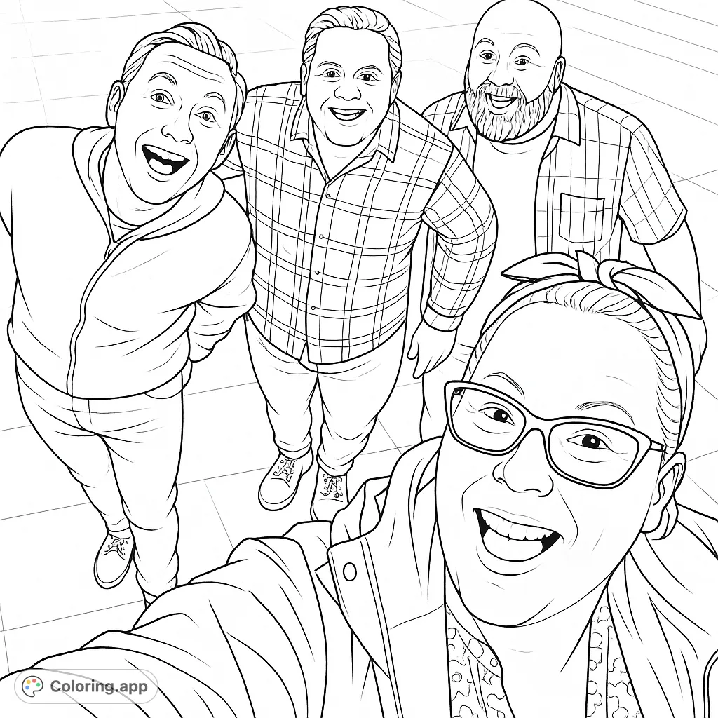 Capture the joy of friendship with this happy group portrait. Four smiling individuals, perfect for a fun coloring session.