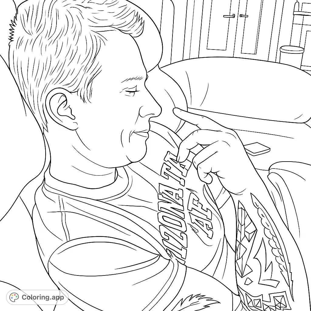 A person relaxes on a textured couch, featuring detailed arm tattoos and a calm profile. Perfect for a relaxing coloring experience.
