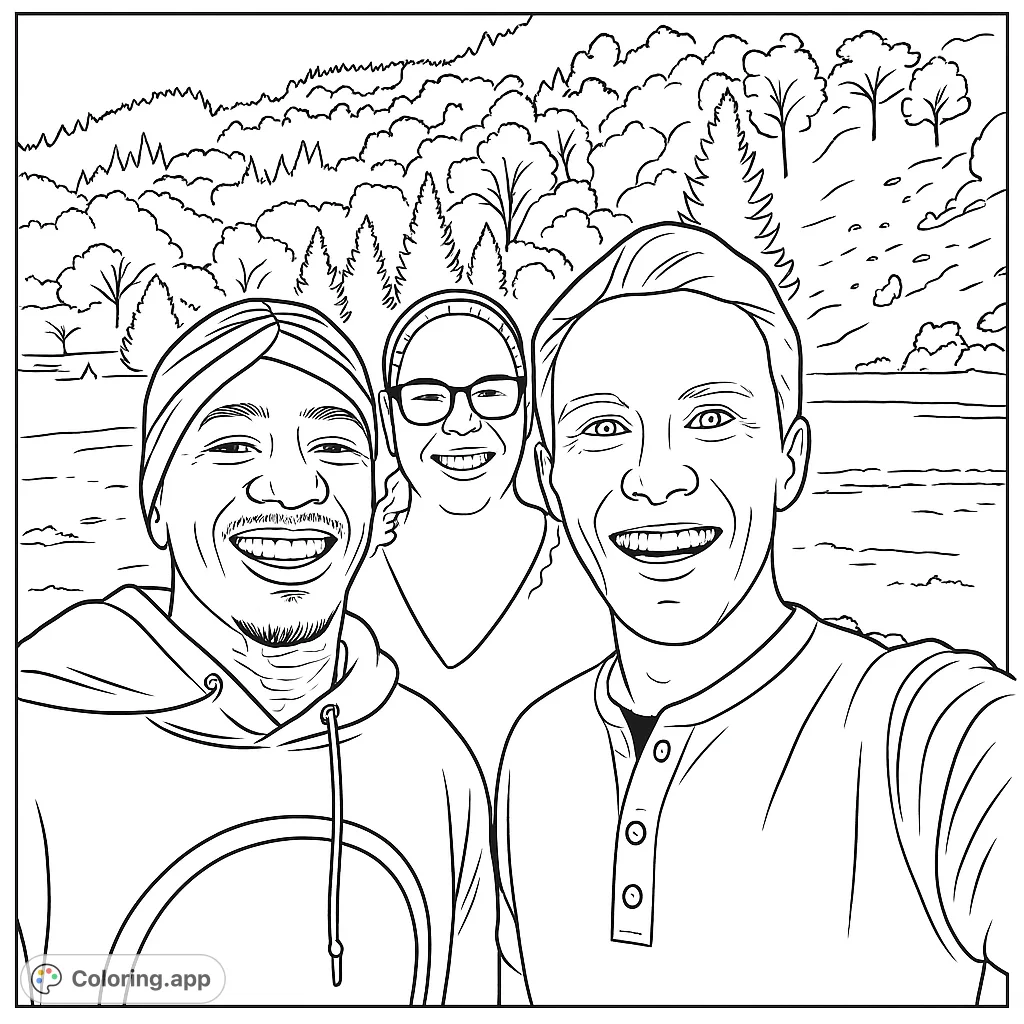 A joyful group portrait of three friends smiling outdoors, set against a scenic backdrop of rolling hills and lush trees. Perfect for a relaxing coloring experience.