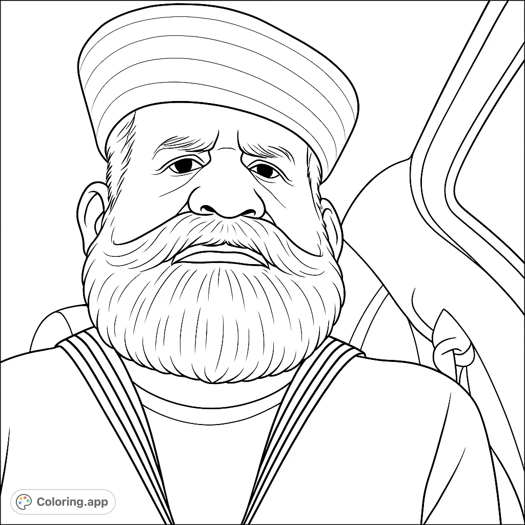 A detailed sailor portrait featuring a man with a prominent white beard, classic uniform, and a crisp white hat. Perfect for nautical theme coloring.