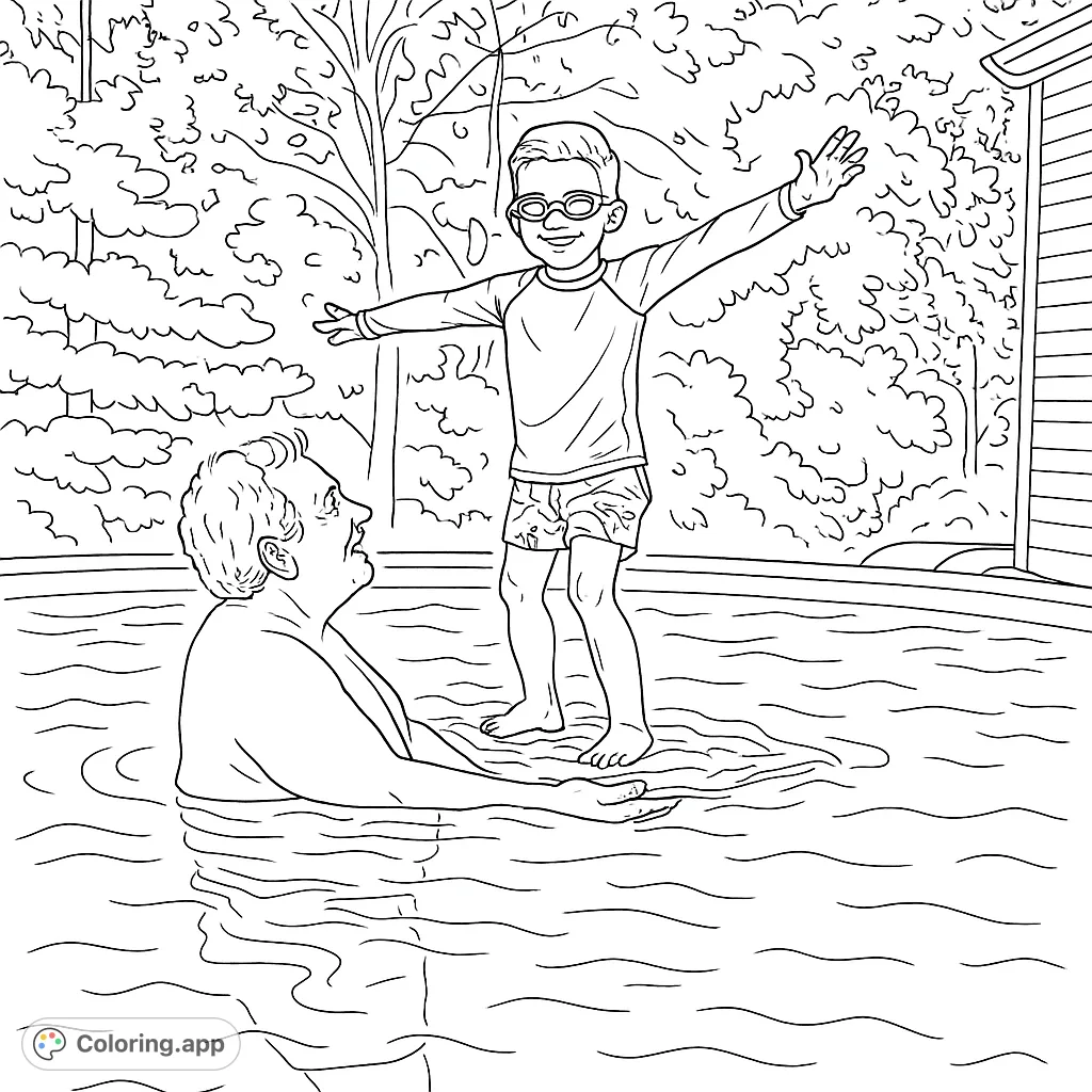 Dive into summer fun with this pool adventure coloring page! A child balances on a float, supported by an adult, amidst rippling water and outdoor scenery.