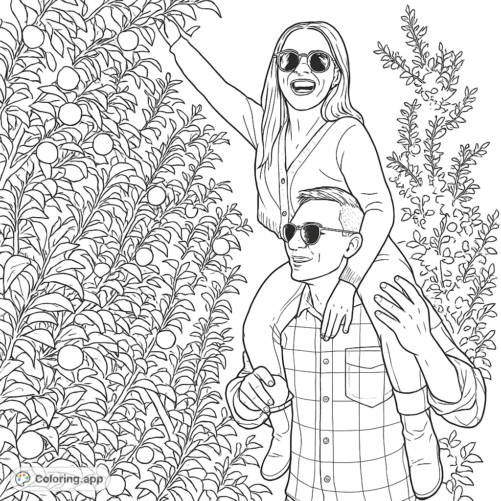 A delightful apple picking scene featuring a couple in an orchard. The woman is on the man's shoulders, reaching for an apple, surrounded by lush trees.