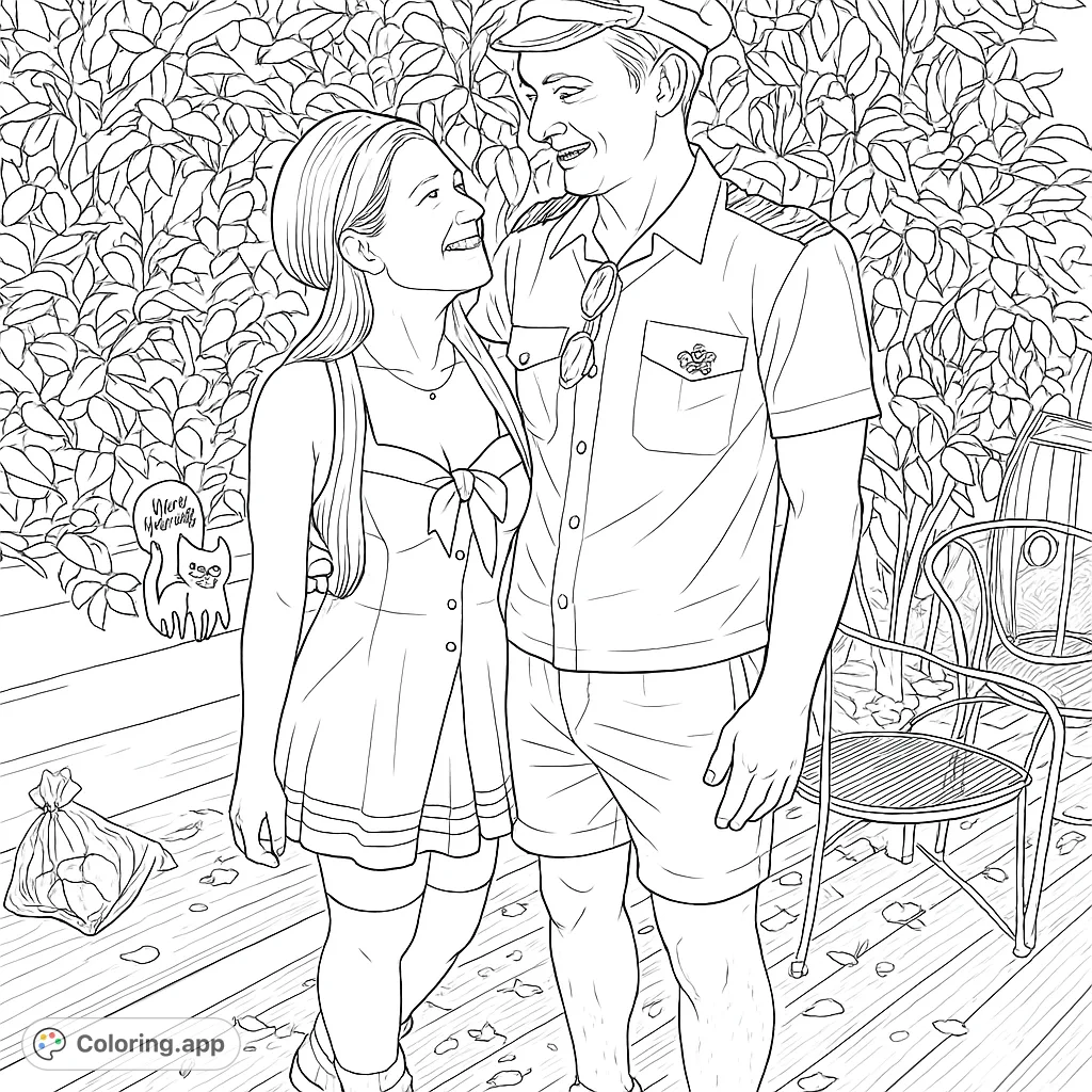 A charming captain and sailor couple in nautical costumes, smiling and looking at each each other. Perfect for a romantic or costume-themed coloring page.