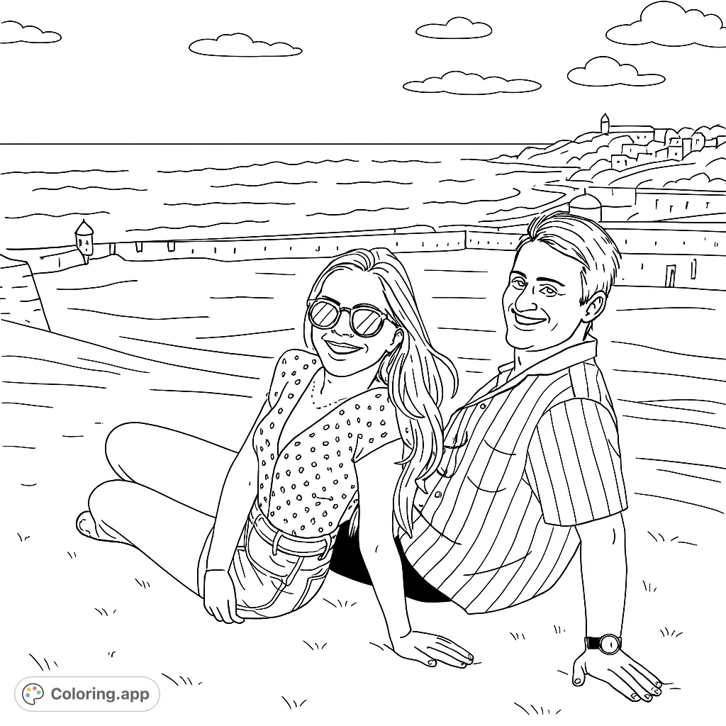 A happy couple relaxes on a grassy hill overlooking a scenic ocean and distant fortress. Perfect for a romantic or travel-themed coloring page.