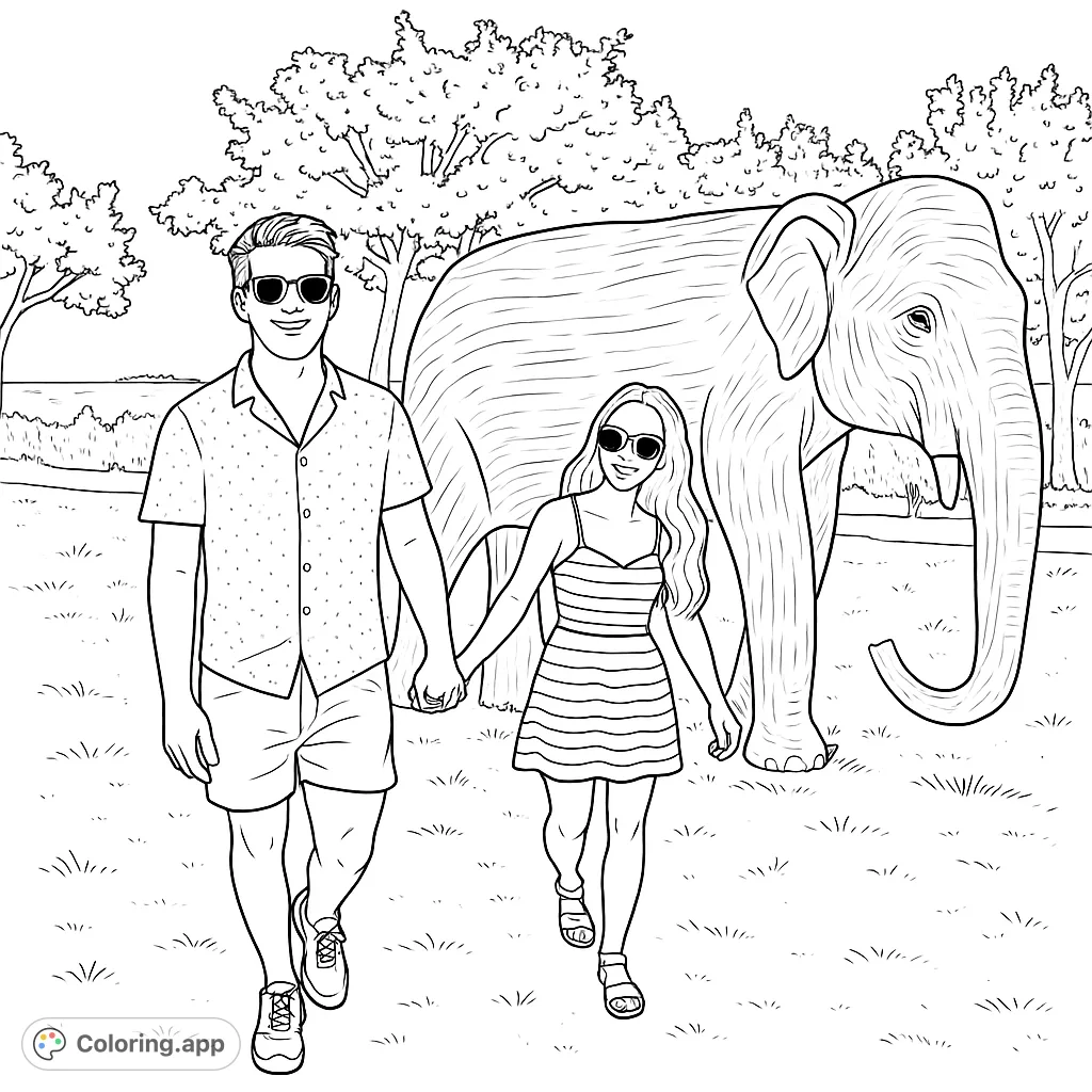 A couple strolls hand-in-hand past a magnificent, textured elephant sculpture outdoors, offering a unique and engaging free printable coloring page.