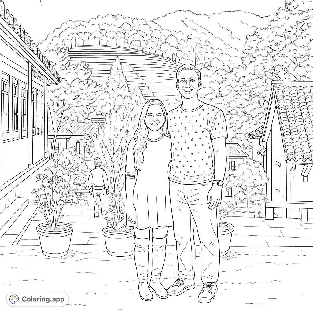 A couple stands in a scenic tea plantation with traditional architecture and rolling hills, perfect for a travel-themed coloring page.