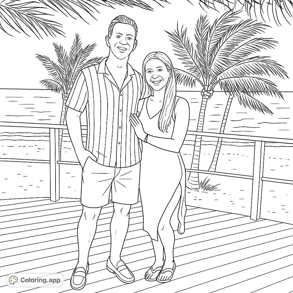 A happy couple stands on a wooden deck overlooking a tropical beach with palm trees and ocean waves, ready for a relaxing coloring session.