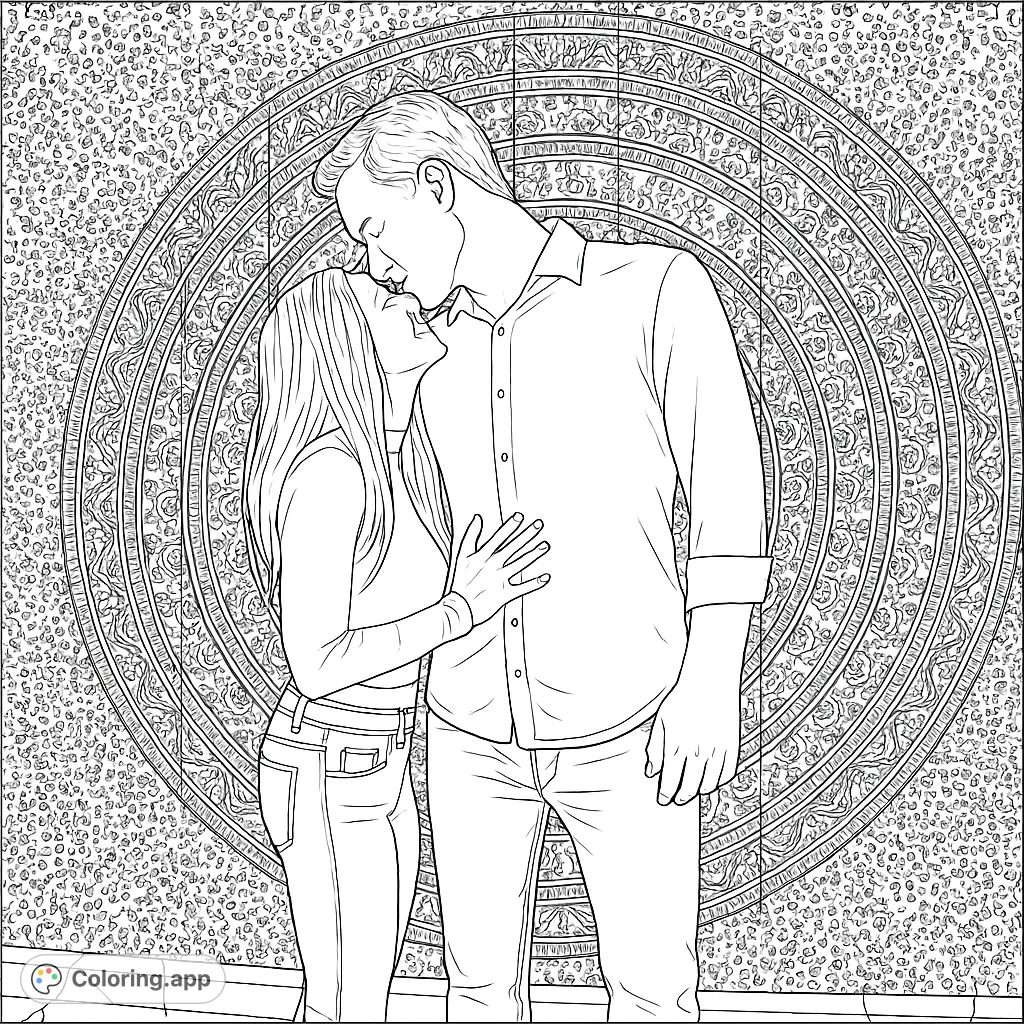 A tender moment between a couple, with a man kissing a woman's forehead, set against a detailed mandala tapestry. Perfect for romantic coloring.