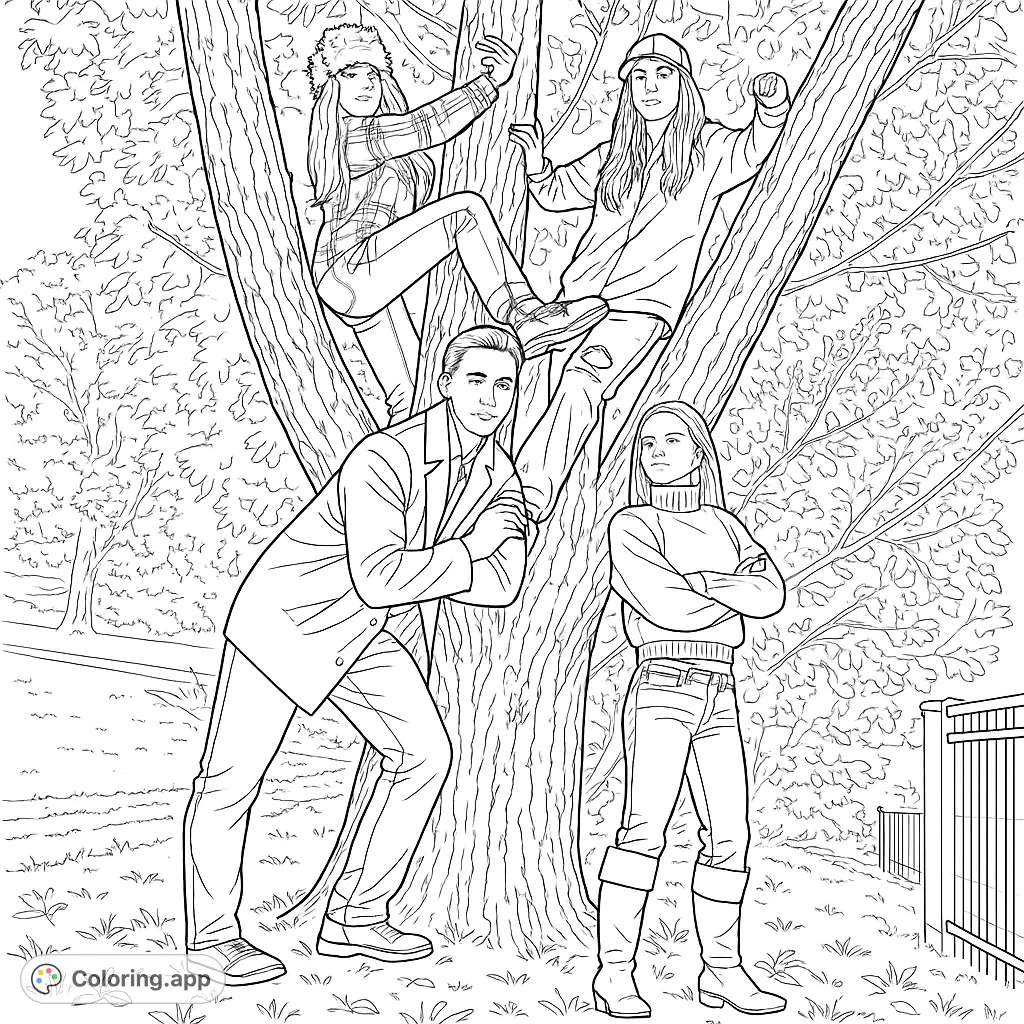 A vibrant group of friends enjoying an autumn day around a large tree. Two climb high, two pose below. Perfect for a fun, free printable coloring page.
