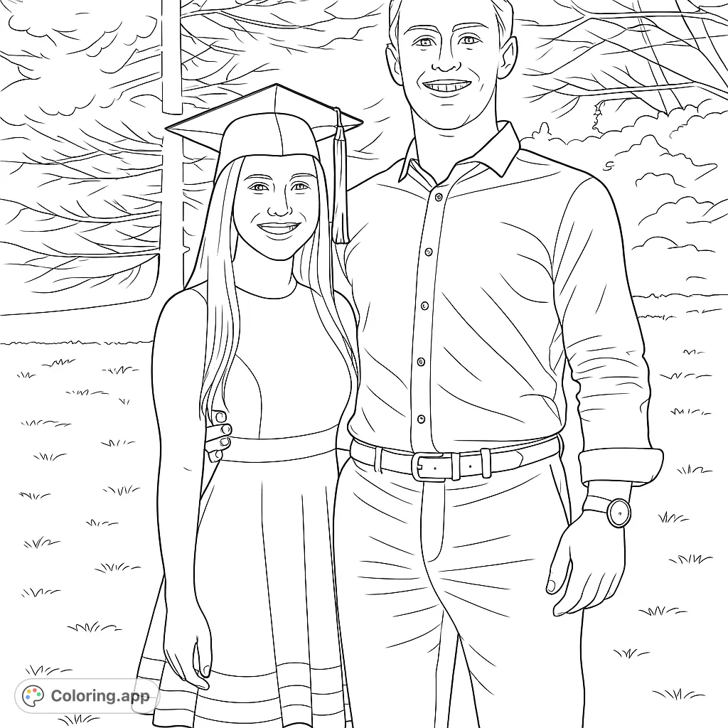 Celebrate a special graduation day with this heartwarming scene of two smiling individuals, perfect for personalizing with vibrant colors.