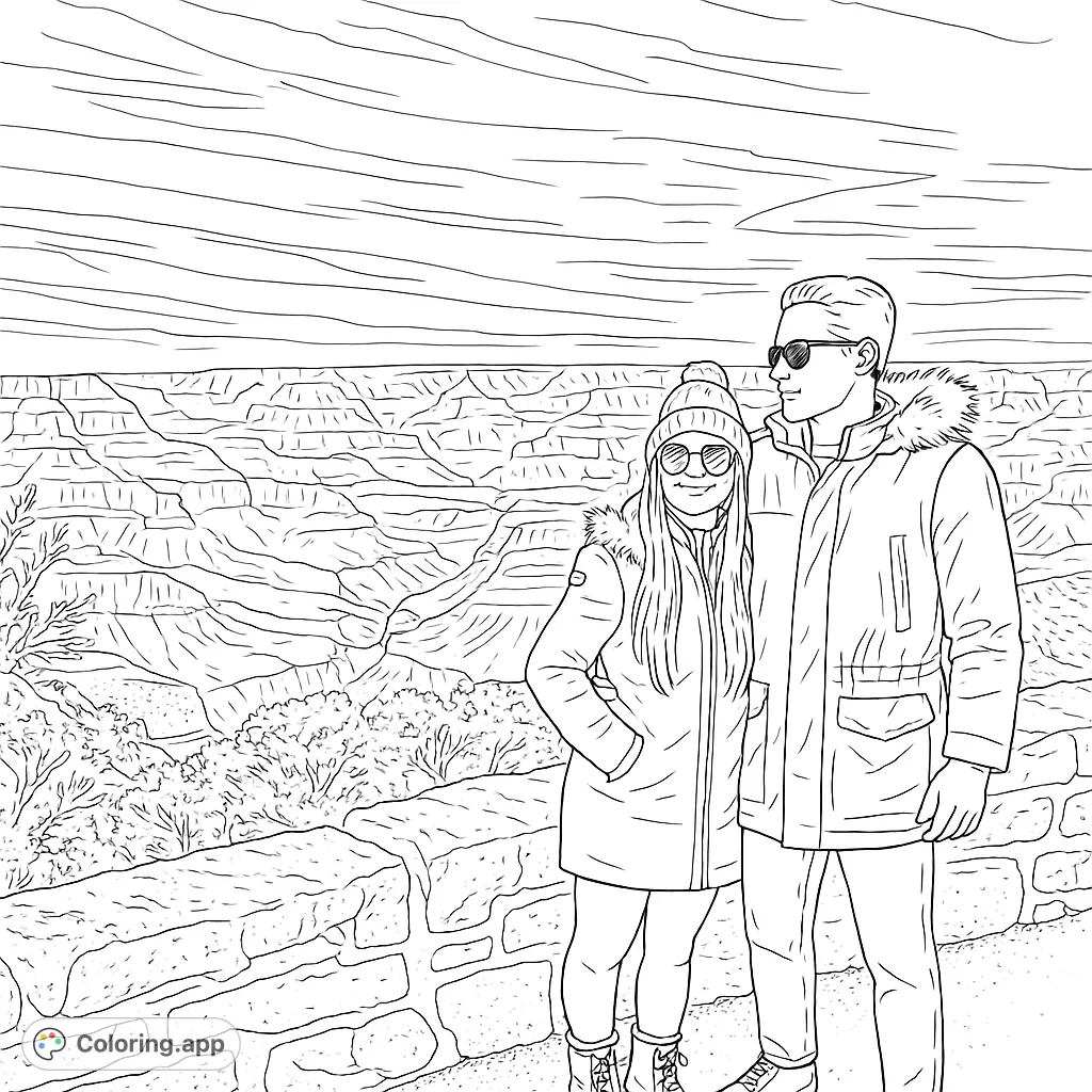 A couple stands at a Grand Canyon viewpoint, featuring layered rock formations, a stone wall, and a vast sky. A scenic nature coloring page for all ages.