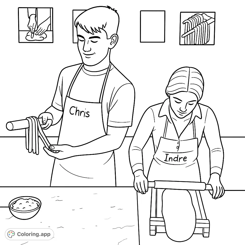 A delightful pasta making scene with two chefs, rolling dough and preparing fresh noodles. Perfect for foodies and aspiring cooks.