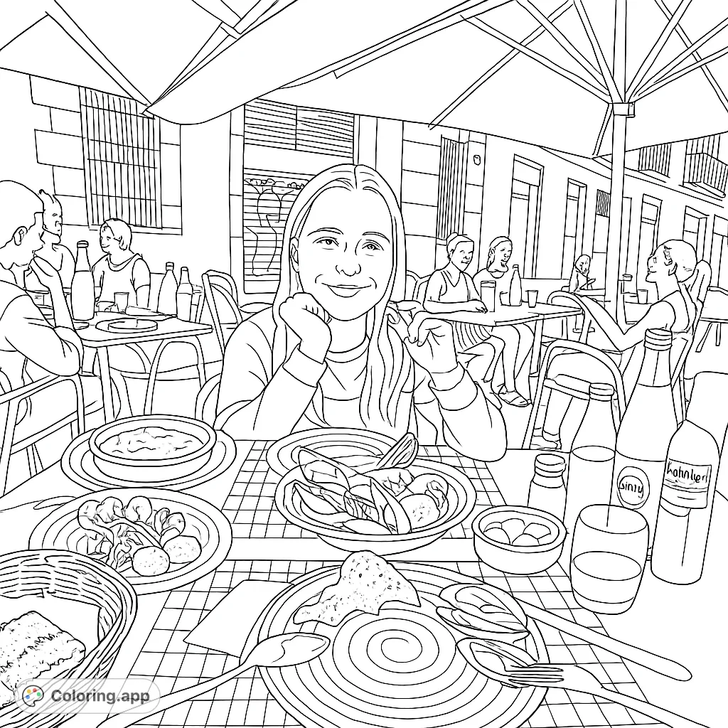 A delightful outdoor cafe scene featuring a smiling person enjoying a meal with various dishes, bottles, and cutlery on a checkered placemat under an awning.
