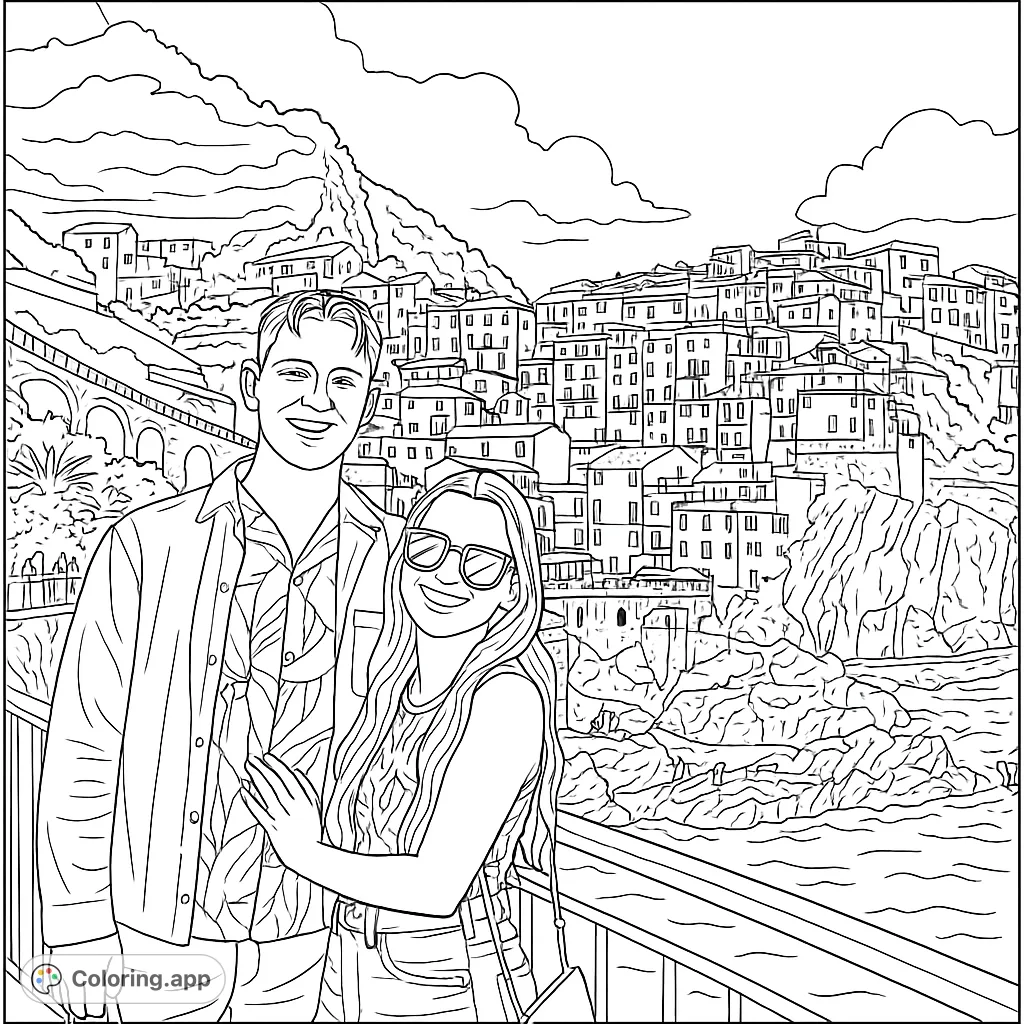 Explore a charming coastal town coloring page, featuring vibrant buildings cascading down a hillside to the sea. A free printable coloring page for all ages.