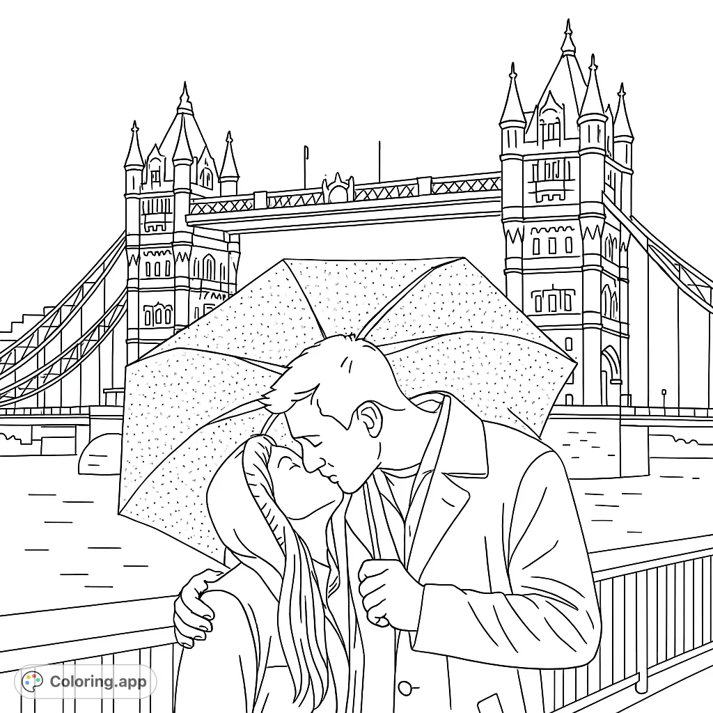 Capture a romantic moment with this London Tower Bridge coloring page. A couple shares a kiss under an umbrella, perfect for love-themed free printable coloring pages.