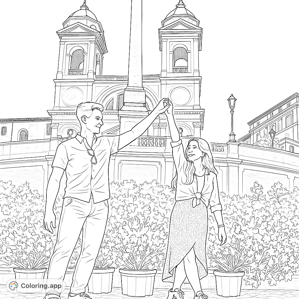 A joyful couple dances on Rome's Spanish Steps, surrounded by blooming flowers and iconic architecture. A romantic travel scene for coloring.