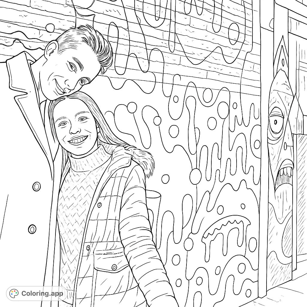 A smiling couple stands against a vibrant, abstract graffiti wall, perfect for a unique urban art coloring page. Free printable for all ages!