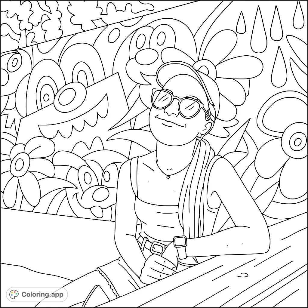 A cheerful person at a picnic table with a dynamic, cartoon-style street art mural in the background, perfect for creative coloring.