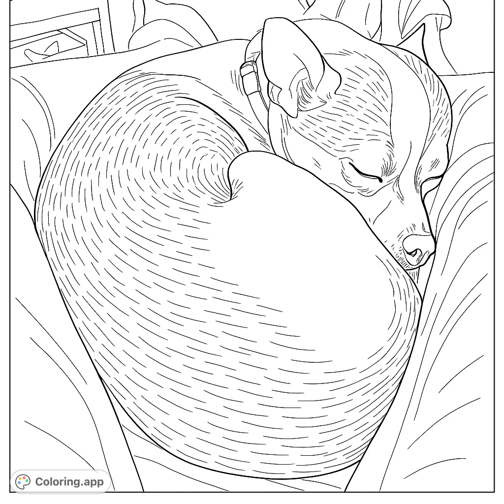 A peaceful small dog curled up and sleeping soundly on a lap, offering a heartwarming scene for a relaxing coloring experience.