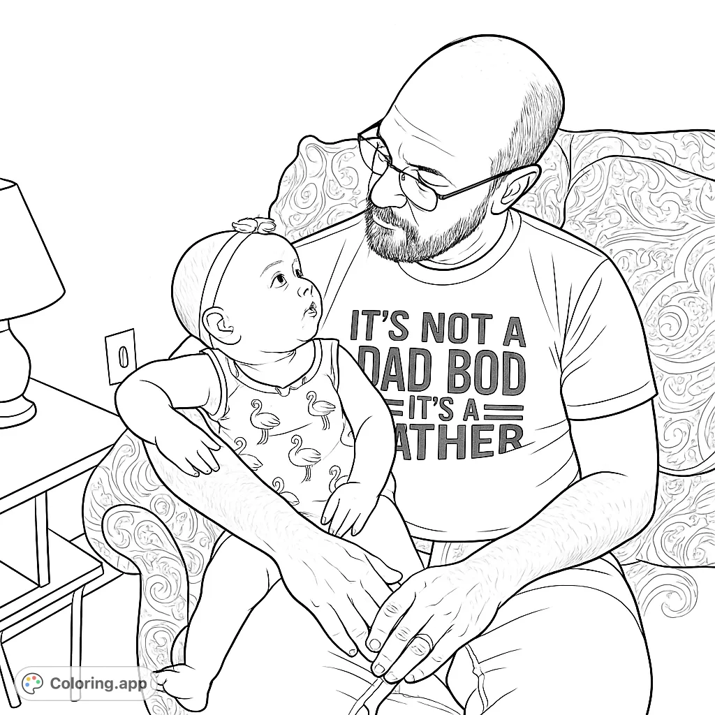 A heartwarming family coloring page featuring a man gently holding a baby, sharing a tender moment. Perfect for all ages to celebrate love and connection.