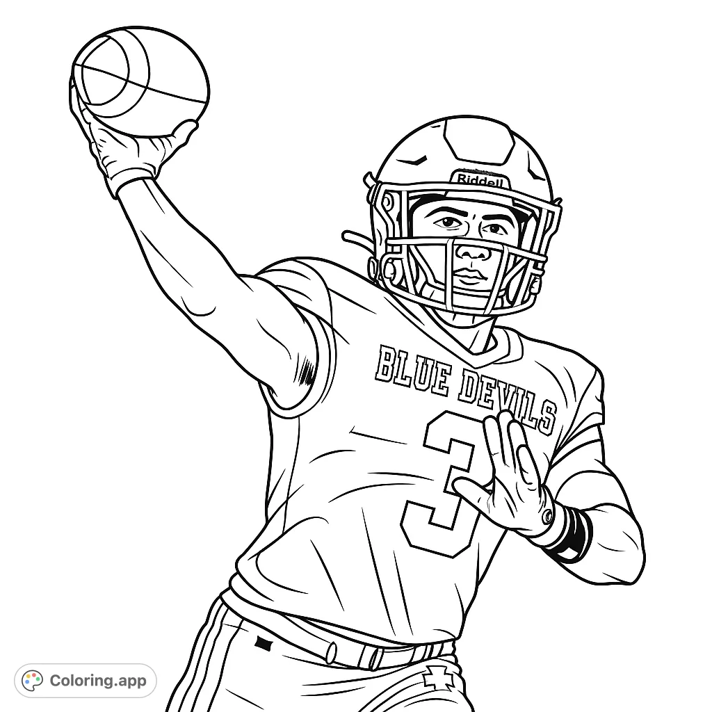 Dynamic football player in uniform, helmet, and gloves, poised to throw the ball. A free printable football coloring page for sports fans of all ages!