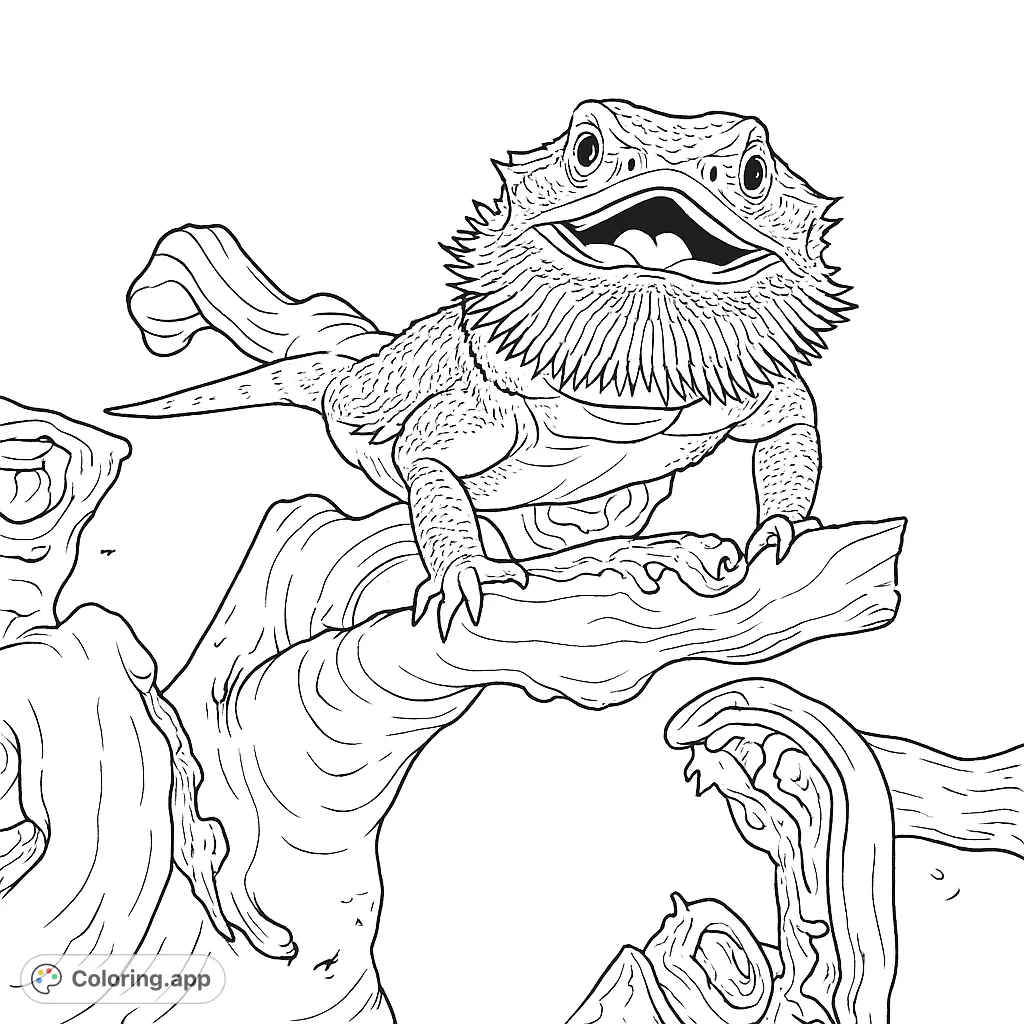 A detailed bearded dragon with an open mouth, perched on a gnarled branch. Perfect for reptile enthusiasts and a fun coloring challenge.
