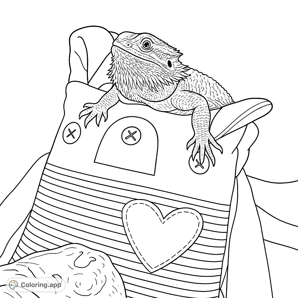 A charming bearded dragon perches on a striped panda-themed pillow featuring a heart. A delightful reptile coloring page for all ages.